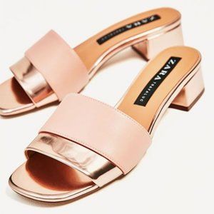 Zara Pink/ Rose Gold Block Heel Sandal EUC, 6